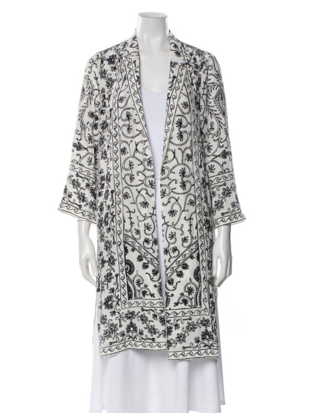 KOBI HALPERIN SUZETTE Embroidered Black White Open Duster Kimono $558 100% Silk